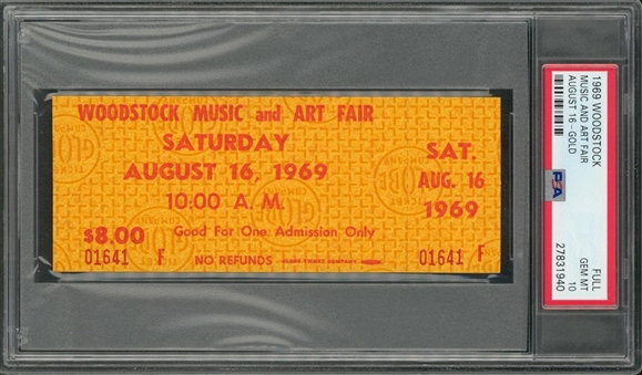 1969 Woodstock Full Ticket, Gold Variety - PSA GEM MT 10